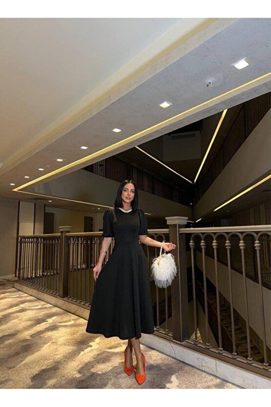 Kadın Bisiklet Yaka Kısa Kol Lastik Detay Uzun Elbise