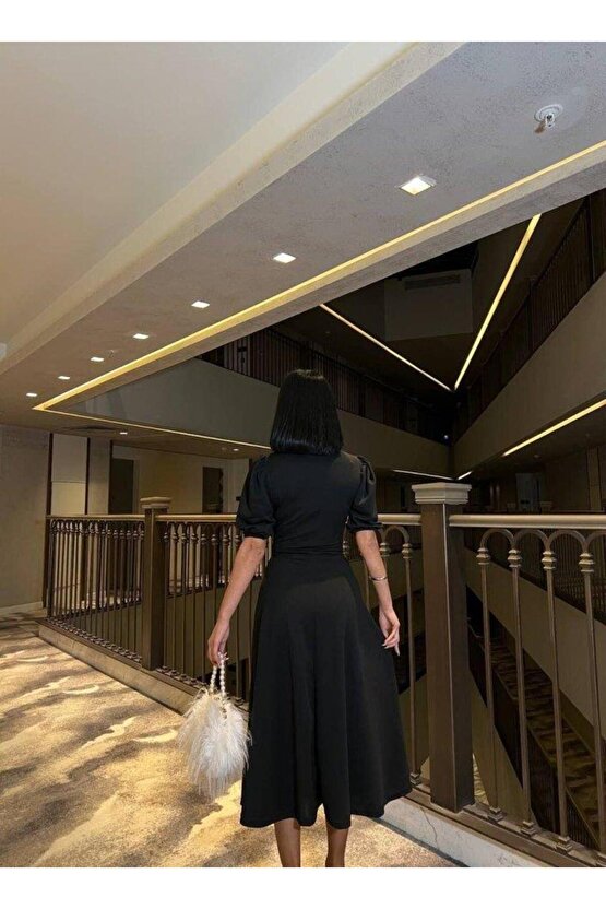 Kadın Bisiklet Yaka Kısa Kol Lastik Detay Uzun Elbise