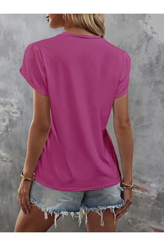 Kadın Kısa Kollu Bisiklet Yaka Cep Pul Payet Detay Viskon Bluz