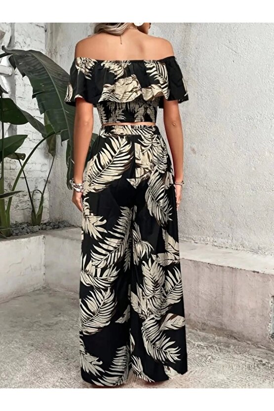 Kadın Kısa Kollu Madonna Fırfır Yaka Crop Süprem Bluz Ve Pantolon Ikili Takım