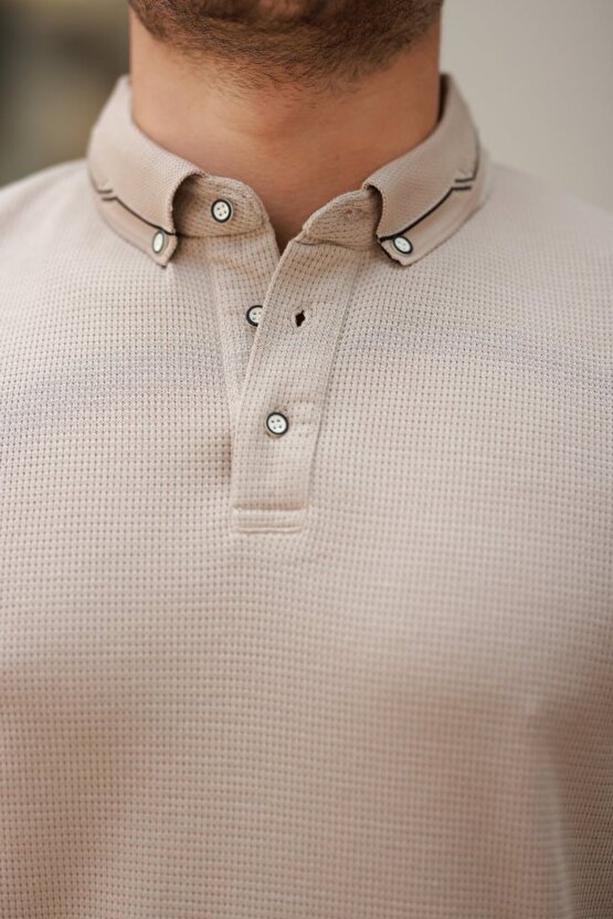 EQURİ Erkek Düğmeli Yaka Waffle Kumaş Kısa Kollu Tişört