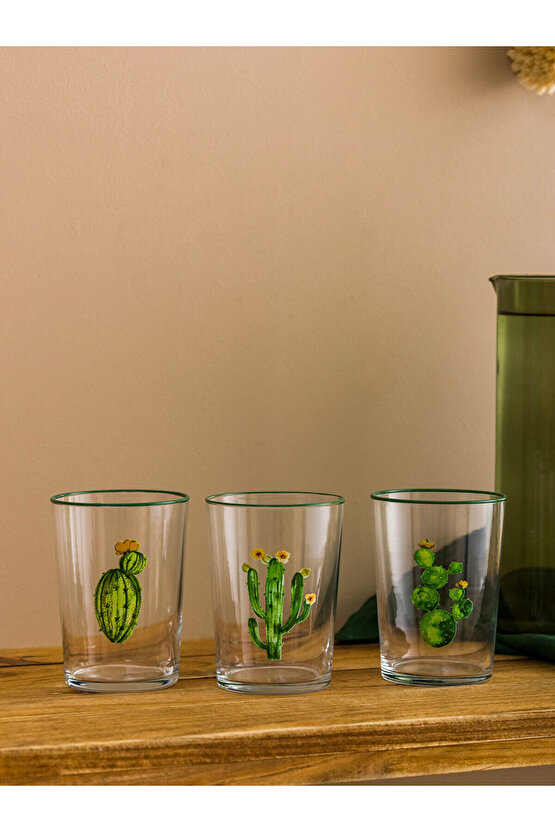 Kaktüs Baskılı Cam Bardak Seti 3lü - 510 Ml