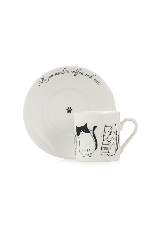 LCW Kedi Baskılı 2 Kişilik Porselen Kahve Fincan Takımı 90 Ml (W5)