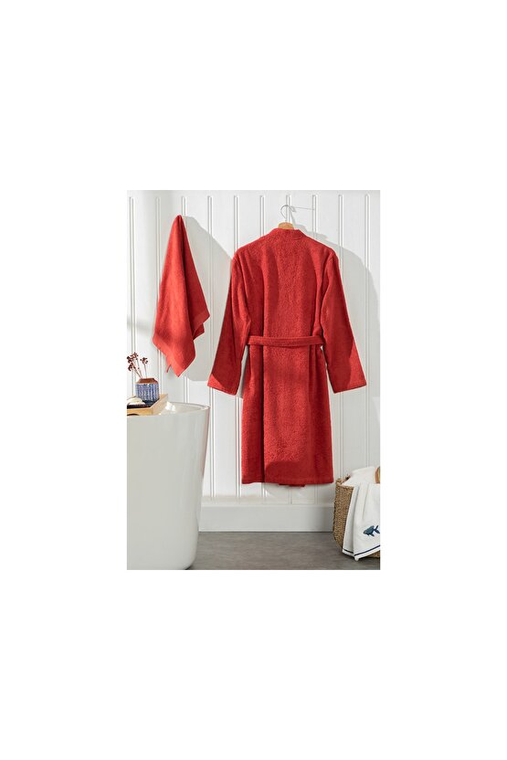 Plain Pamuklu Set Bornoz Seti S-m Kiremit