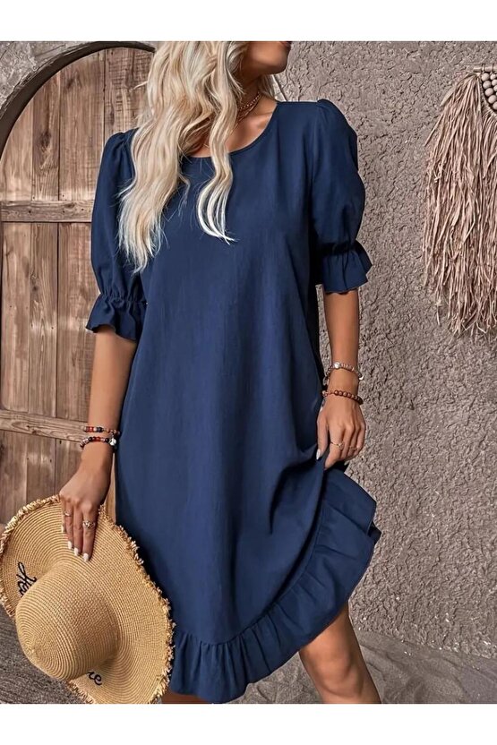 Kadın Kısa Kollu Kol Ve Eteği Volanlı Bisiklet Yaka Aerobin Elbise