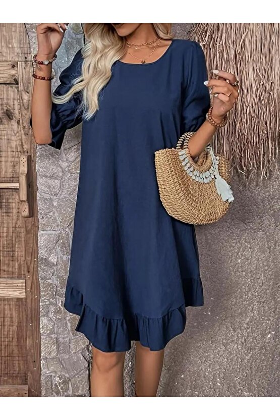 Kadın Kısa Kollu Kol Ve Eteği Volanlı Bisiklet Yaka Aerobin Elbise