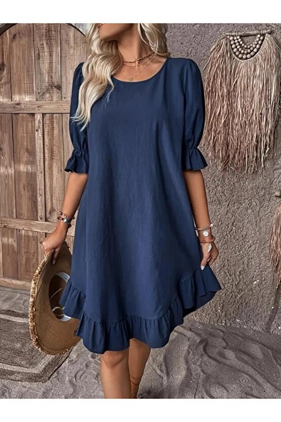 Kadın Kısa Kollu Kol Ve Eteği Volanlı Bisiklet Yaka Aerobin Elbise