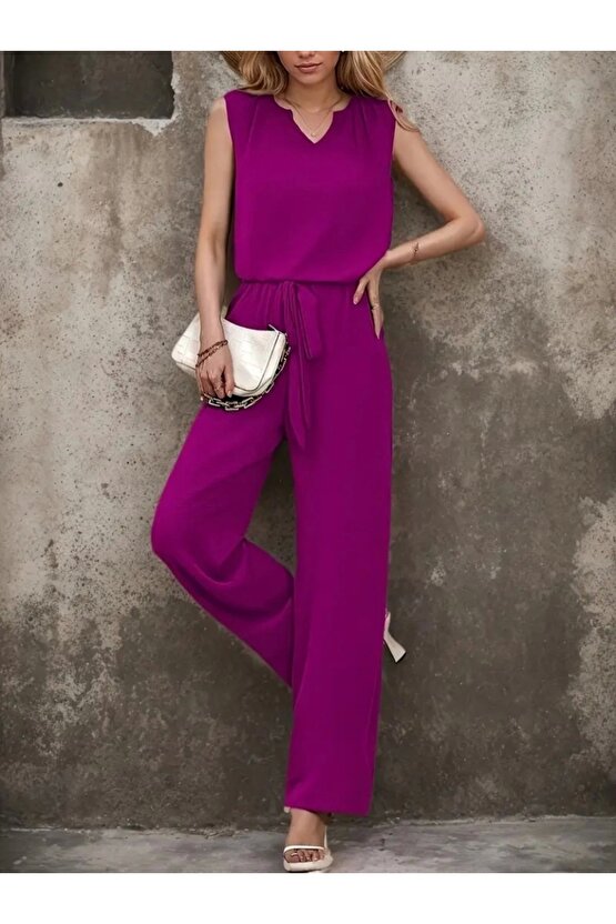 Kadın Kolsuz V Yakalı Aerobin Bluz Ve Belden Kuşaklı Pantolon Ikili Takım