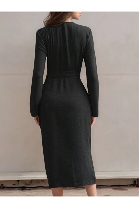 Kadın Uzun Kollu önden Düğmeli Beli Kuşaklı Aerobin Midi Elbise