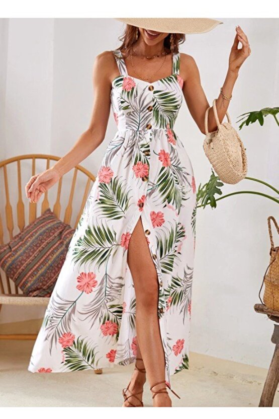 Kadın Askılı önden Düğmeli Yaprak Desenli Uzun Süprem Elbise