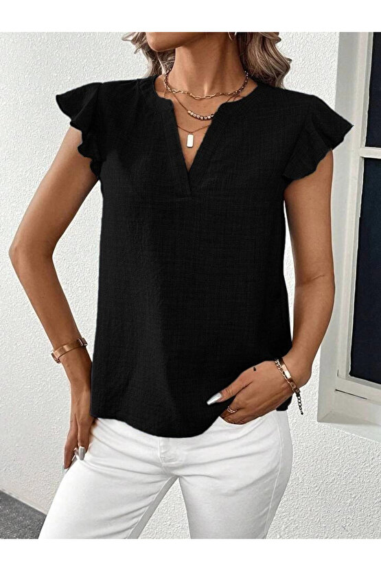 Kadın Kısa Kelebek Kollu V Yakalı Bluz