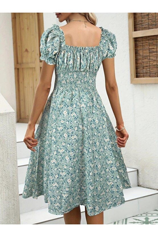 Kadın Kısa Kollu Kruvaze Yaka Lastikli Belden Gipeli çiçek Desenli Suprem Elbise