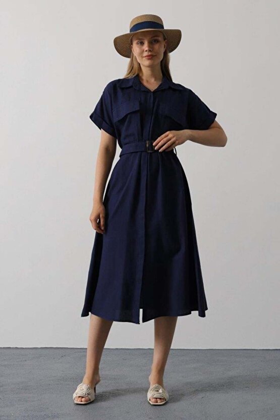 Kuşaklı Cep Detaylı Yarım Kol Elbise - Lacivert