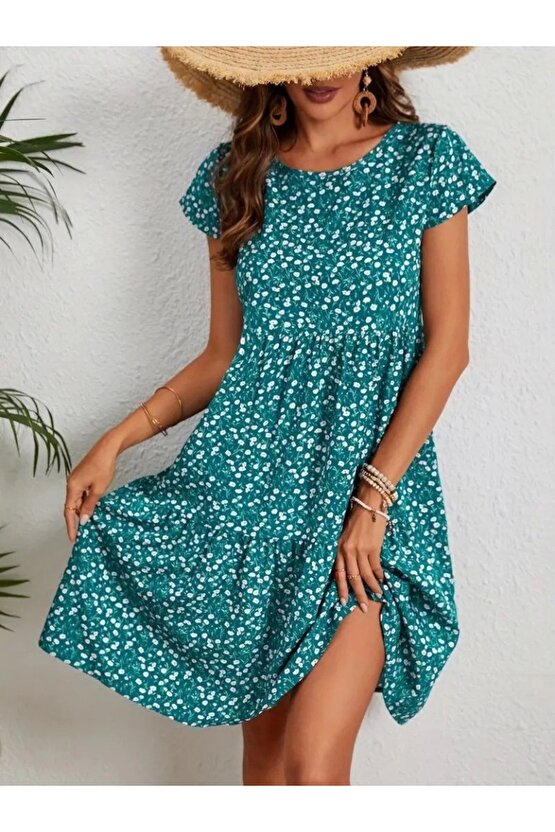 Kadın Kısa Kollu Bisiklet Yaka çiçek Desenli Süprem Elbise