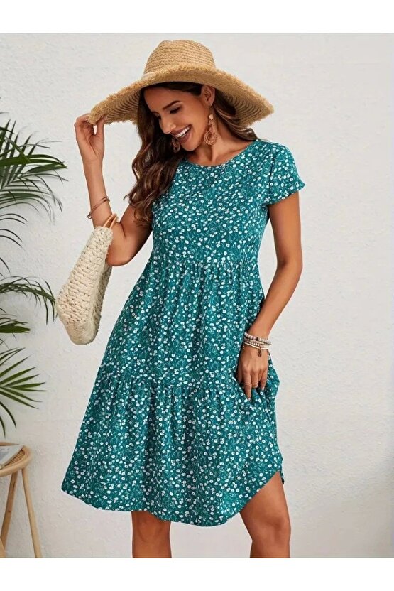 Kadın Kısa Kollu Bisiklet Yaka çiçek Desenli Süprem Elbise