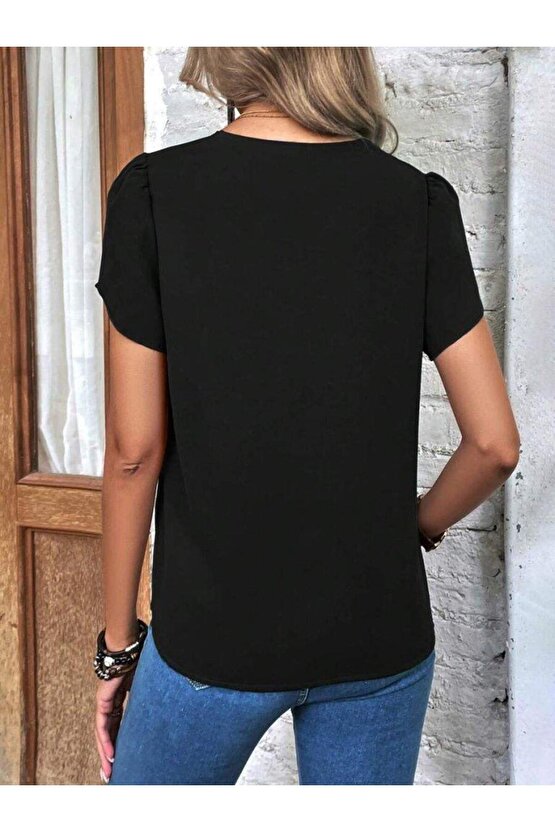 Kadın Kısa Kollu Lazer V Yakalı Ithal Krep Bluz