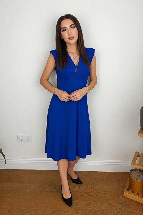 Kadın Kısa Kollu Kruvaze Yakalı Bel Korsajı Buzgulu Midi Janjan Krep Elbise