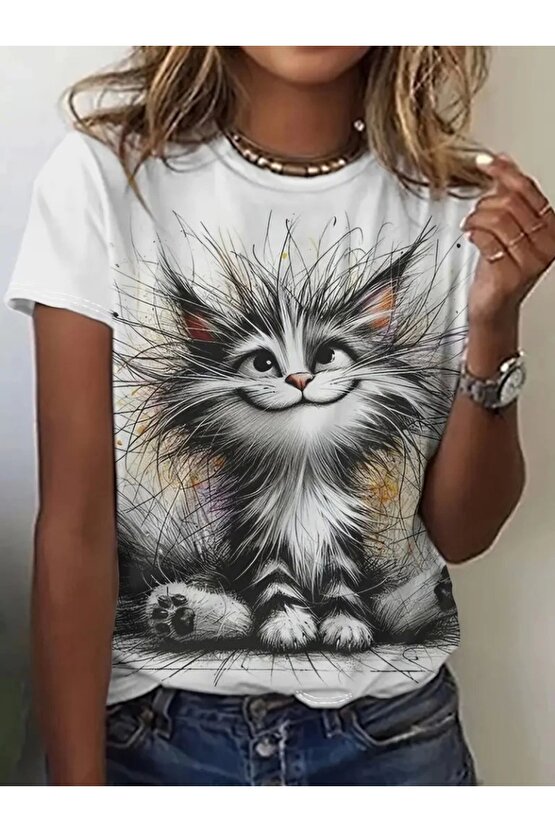 Kadın Kısa Kollu Bisiklet Yaka Kedi Baskılı Süprem Bluz