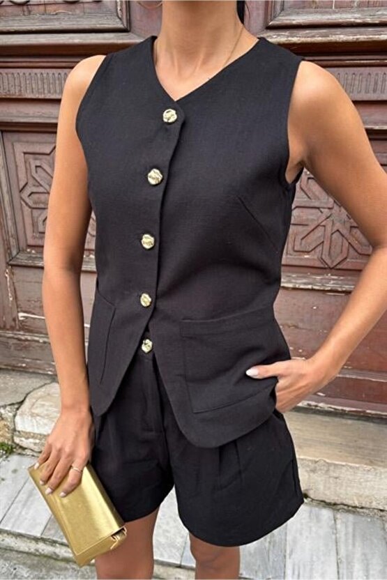 Gold Düğme Detaylı Yelek Şort Cotton Takım 10134-17