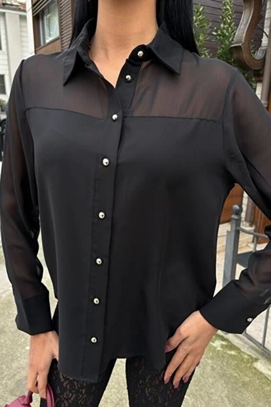 Transparan Detaylı Dökümlü Gömlek 3427