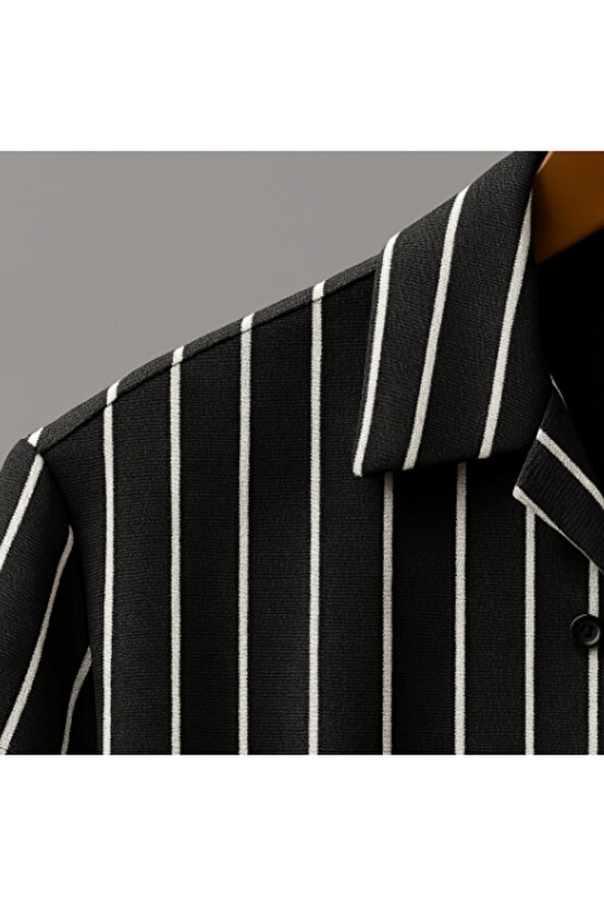 MyTerrax Erkek Kısa Kollu Beyaz çizgi Desenli örme Kumaş Pamuklu Gömlek