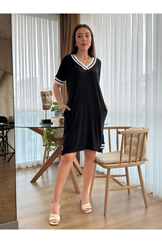 Kadın Kısa Kollu V Yaka Ribana Detaylı Cepli Dizüstü Viskon Elbise