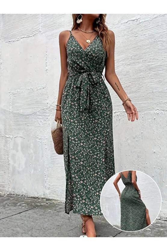 EQURİ Kadın Ip Askılı Kruvaze Yakalı Yırtmaçlı Uzun Desenli Kuşaklı Süprem Elbise