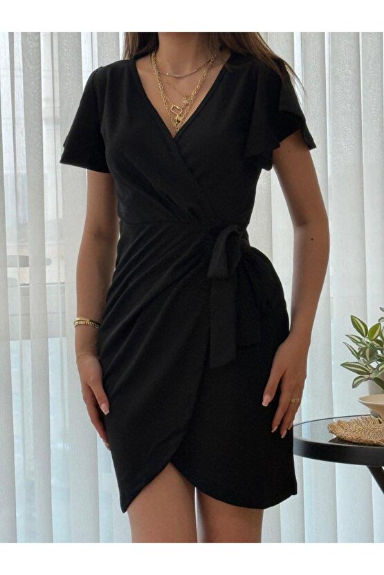 Kadın Kısa Kollu Kruvaze Yakalı Belden Bağlamalı Ithal Krep Elbise