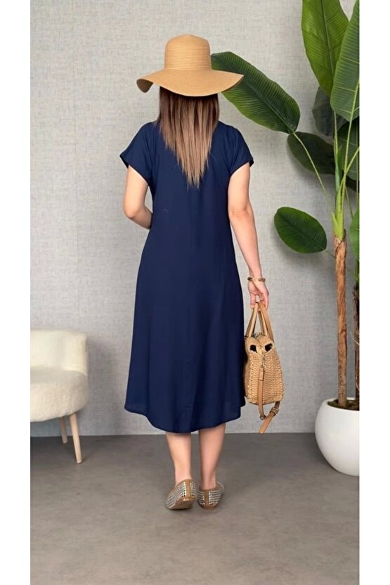 Kadın Kısa Kollu V Yaka Salaş Maxi Boy Elbise