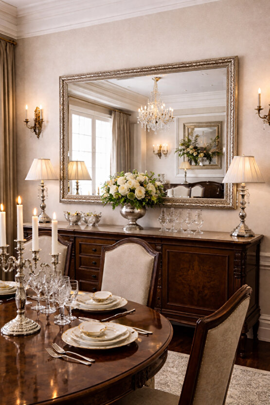 Gümüş Çerçeveli Ayna-5cm Çerçeve Genişliği-Gümüş Ayna-Klasik Ayna-Varaklı Ayna - Salon Ayna