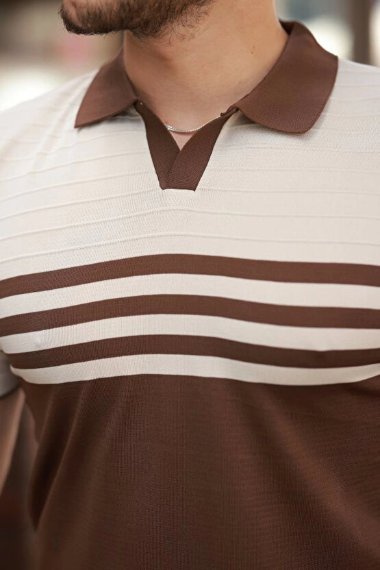 Erkek çizgi Desenli Yakalı Kısa Kollu T-shirt