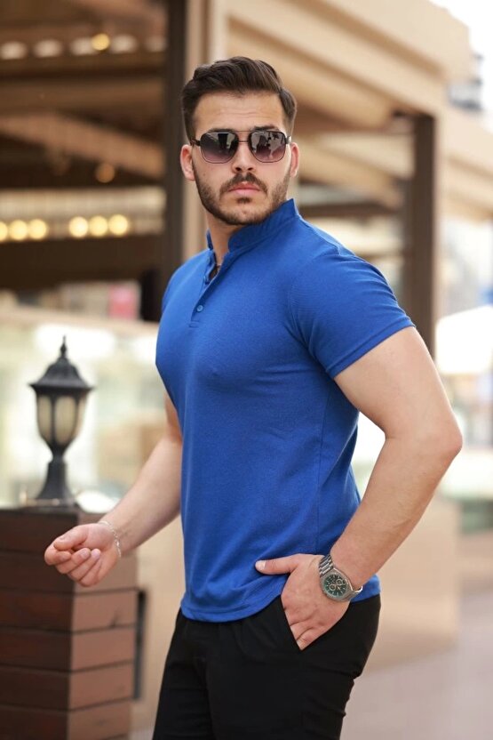 Erkek Hakim Yaka Dokuma Pamuklu Kumaş Kısa Kollu T-shirt