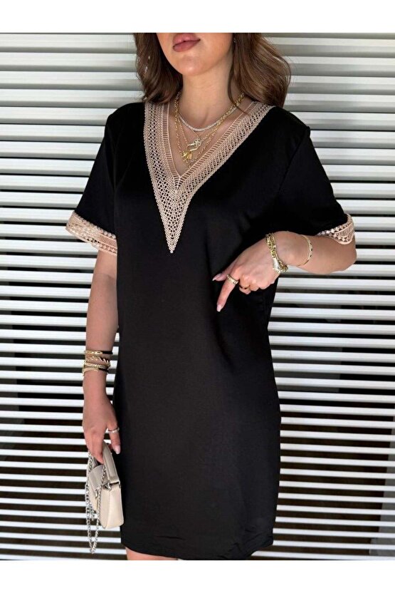 Kadın V Yaka Güpürlü İki İplik Elbise