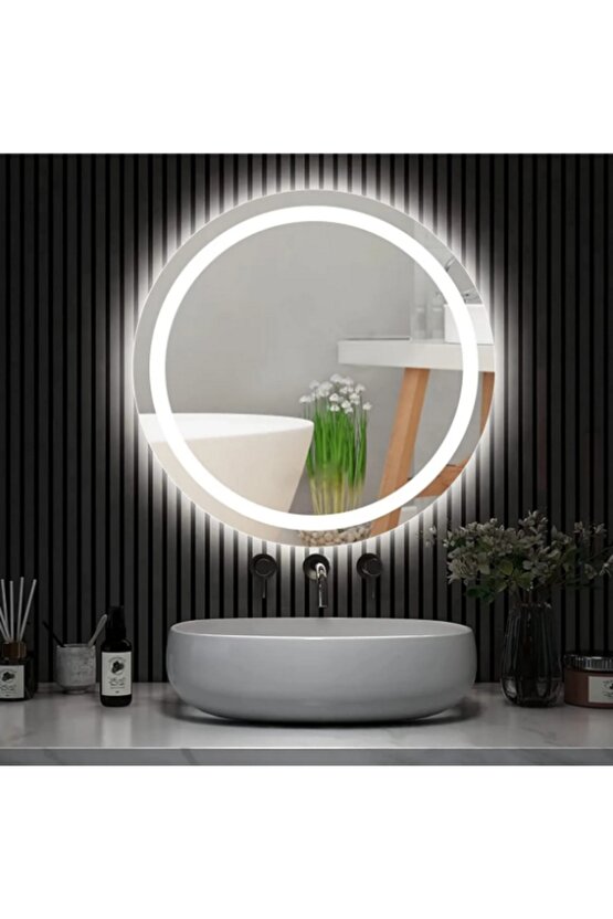 60 cm Kumlamalı Beyaz Ledli Yuvarlak Banyo Aynası Makyaj Aynası Trafolu