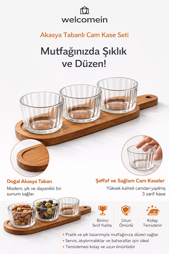 Akasya Tabanlı Cam Kase Seti 3’lü – Şeffaf Cam, Şık Sunum & Mutfak Düzeni