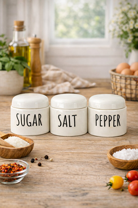 Porselen Küçük Baharatlık Takımı 3’lü – Kapaklı, Minimal Tasarım, Tezgah Üstü