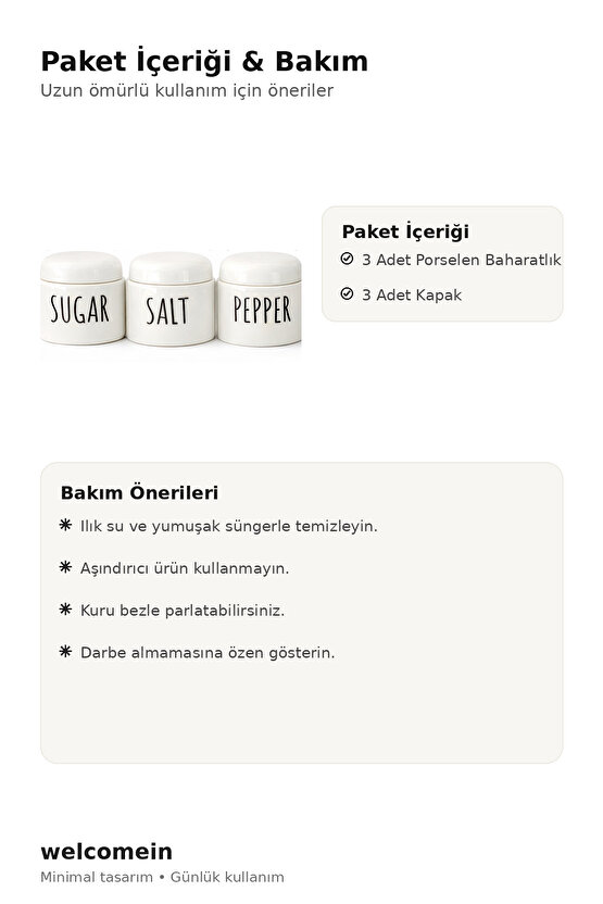 Porselen Küçük Baharatlık Takımı 3’lü – Kapaklı, Minimal Tasarım, Tezgah Üstü