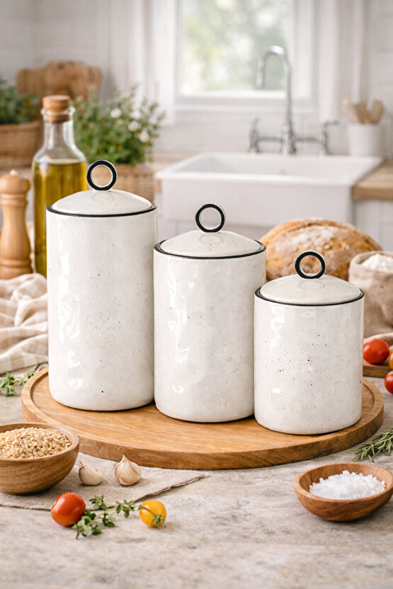 Porselen 3’lü Baharat Kavanozu Seti – Kapaklı, 3 Farklı Boy, Minimal Tasarım