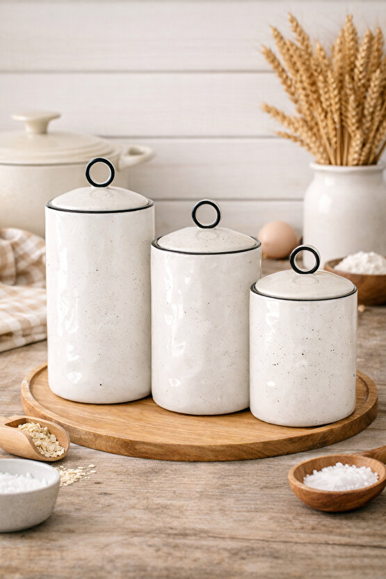 Porselen 3’lü Baharat Kavanozu Seti – Kapaklı, 3 Farklı Boy, Minimal Tasarım