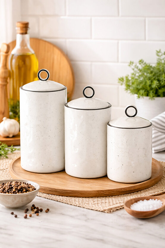 Porselen 3’lü Baharat Kavanozu Seti – Kapaklı, 3 Farklı Boy, Minimal Tasarım