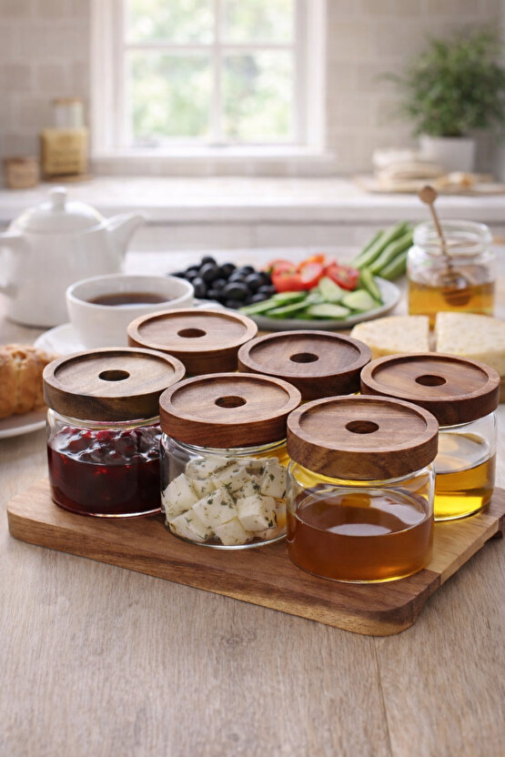 13 Parça Akasya Standlı Akasya Kapaklı 6lı Cam Kahvaltılık Seti Kahvaltı Takımı