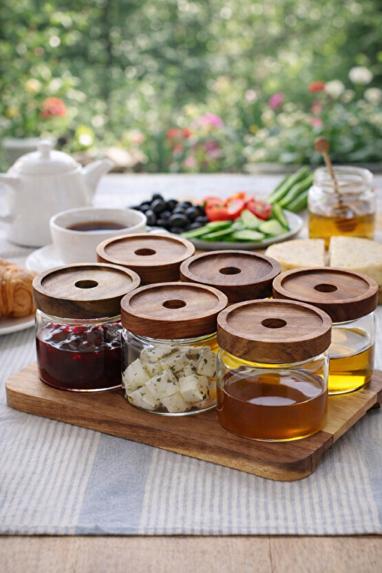 13 Parça Akasya Standlı Akasya Kapaklı 6lı Cam Kahvaltılık Seti Kahvaltı Takımı