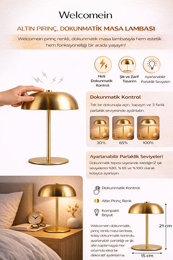 Dokunmatik Gold Masa Lambası Abajur – 21x15 cm Gece Lambası