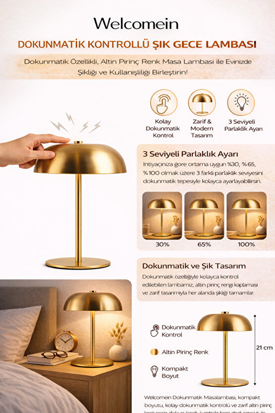 Dokunmatik Gold Masa Lambası Abajur – 21x15 cm Gece Lambası