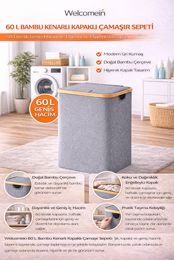 60 L Bambu Kenarlı Kapaklı Çamaşır Sepeti – Gri Kumaş, Modern Kirli Sepeti