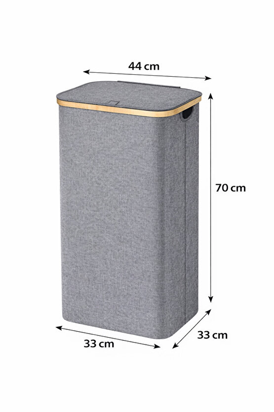 100 L Bambu Kenarlı Kapaklı Çamaşır Sepeti – Gri Kumaş, 44x33x70 cm Büyük Kirli Sepeti