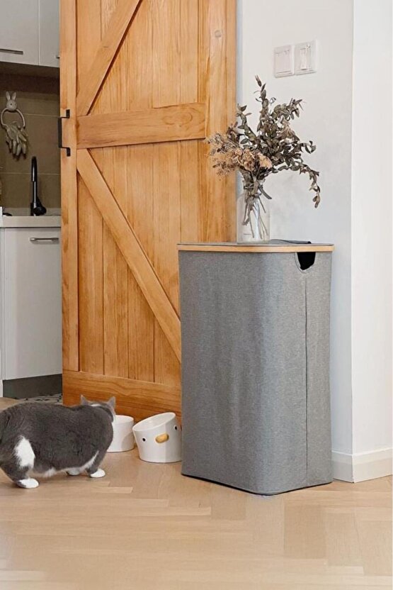 Mien Bambu Kenarlı Kumaş Katlanabilir 100 Lt Çamaşır Sepeti 44x33x70