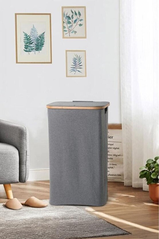 Mien Bambu Kenarlı Kumaş Katlanabilir 100 Lt Çamaşır Sepeti 44x33x70