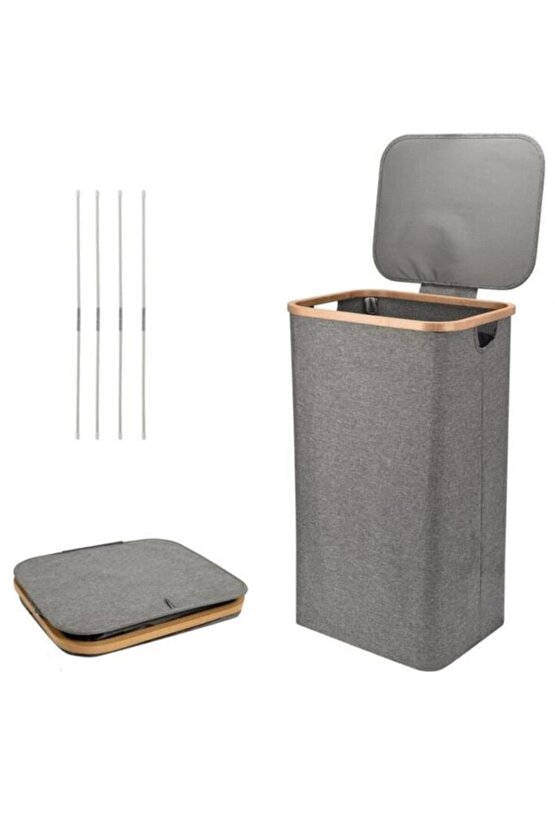 Mien Bambu Kenarlı Kumaş Katlanabilir 100 Lt Çamaşır Sepeti 44x33x70