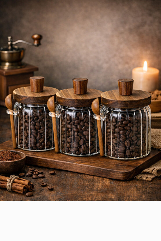 3lü Akasya Kapaklı Kaşıklı Vakumlu Cam Kavanoz Seti-Mutfak Düzenleyici Set (450ml)